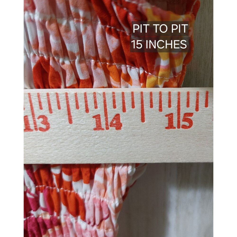 NWT Voy Pink/Orange Floral Smocked Midi Dress With Ruffled Sleeves~SMALL - Picture 6 of 9